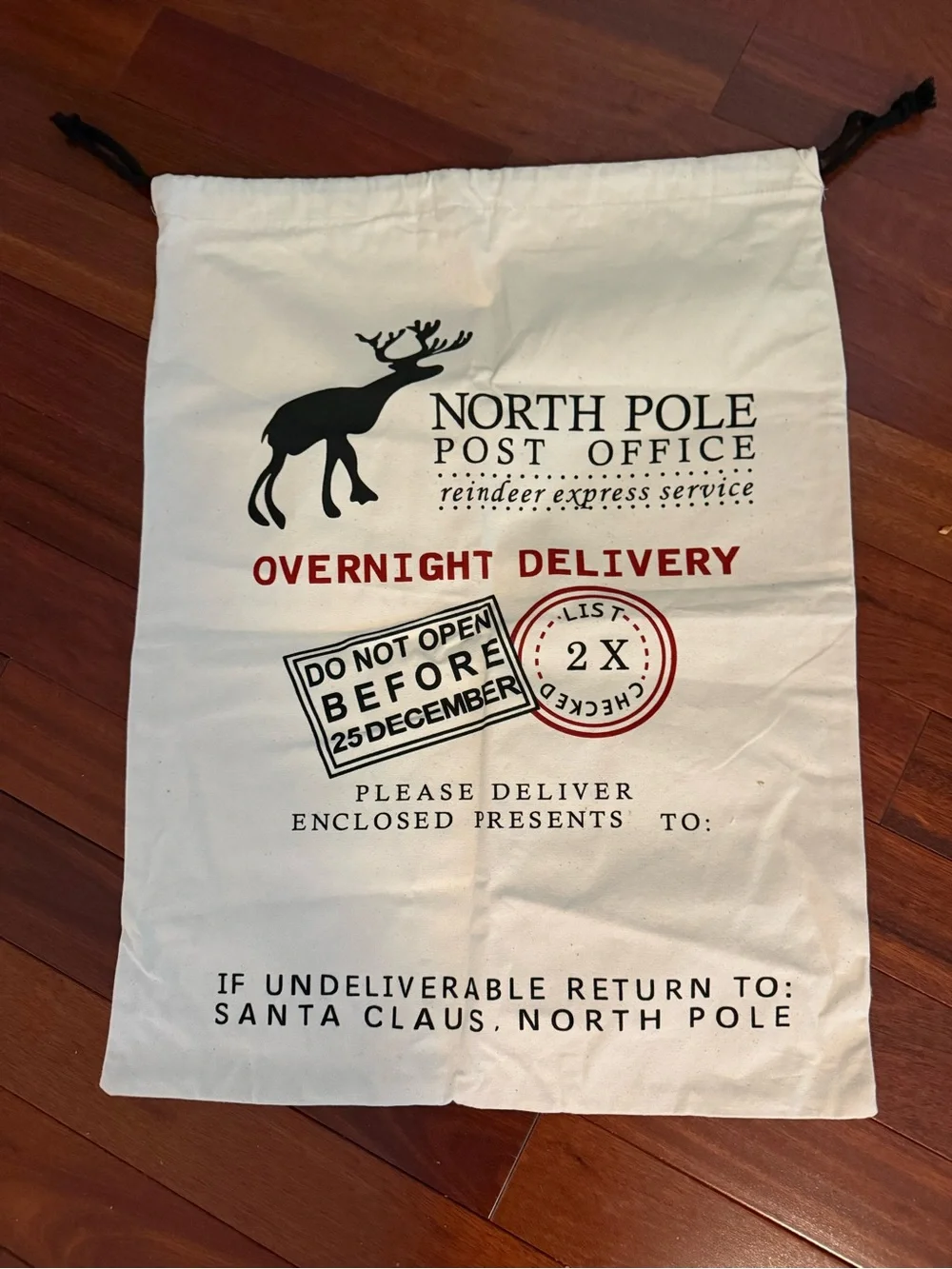 Large Santa North Pole Post Office Gifts Presents Bag 25”x19” NWOT